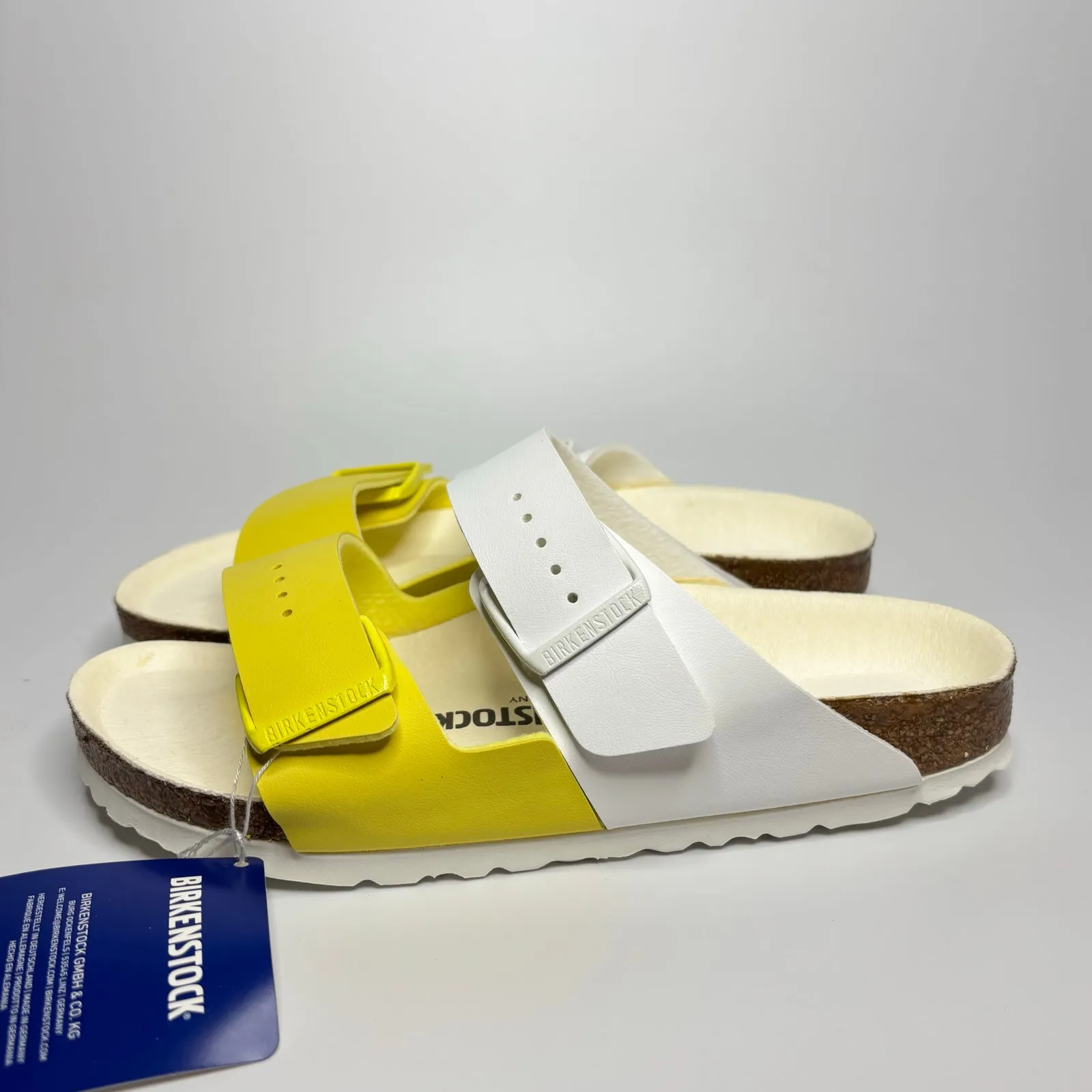 Birkenstock Arizona Split Two Strap Sandals in White/Lime Sour (Narrow) - Image 2
