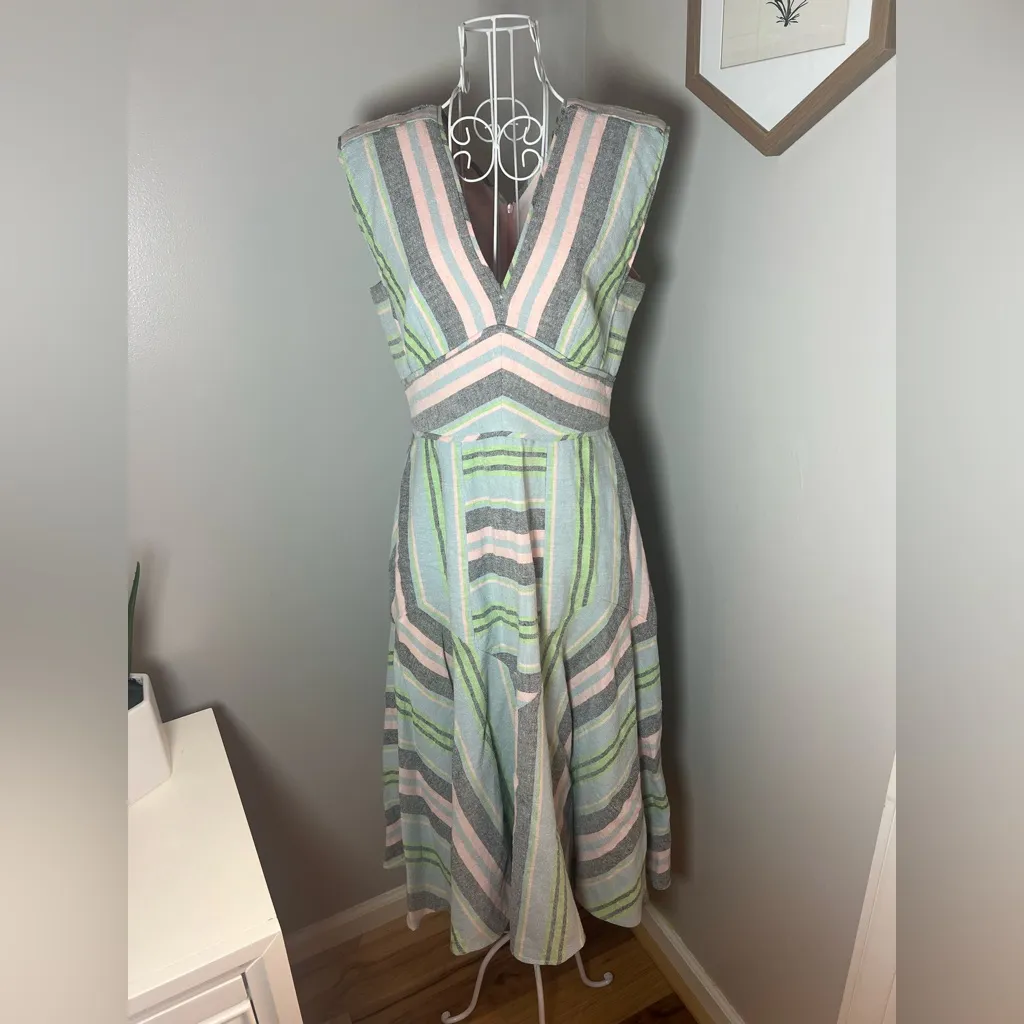 Hunter Bell Jordan Dress Pastel Stripe Linen Cotton Size 2 Fit And Flare Midi - Image 3