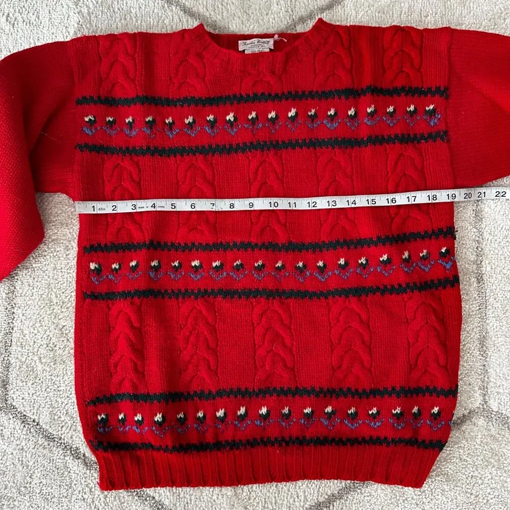 Vintage Dorothy Bullit Mini Flowers Red Hand Knit Wool Granny Sweater Sz Small - Image 4