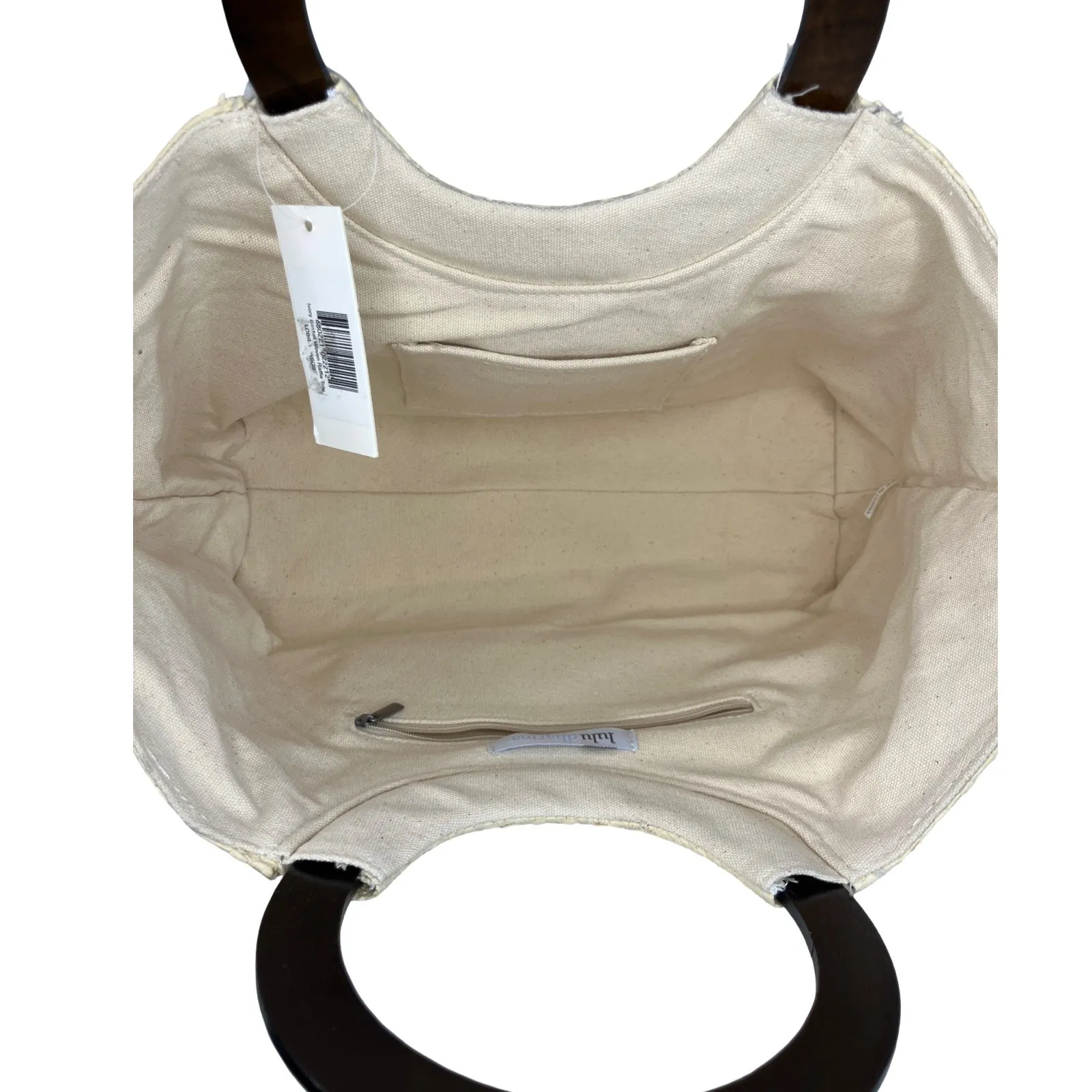 Lulu Dharma Ivory Basket Woven Raffia Tote Wood Handle Beach Summer Bag Brown - Image 9