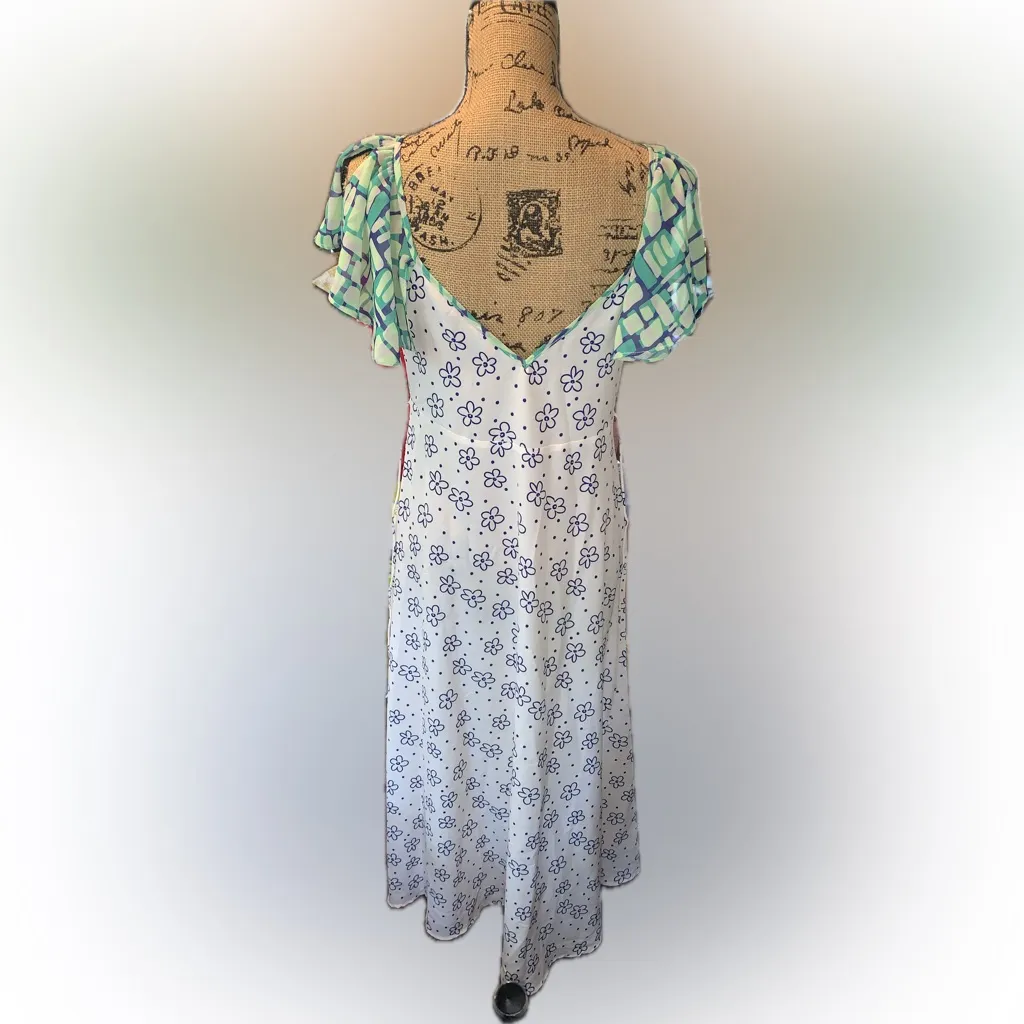 VRG GRL Ditsy Floral White Mod Slip Dress Green Flutter Shoulder Midi Dress 8 - Image 8