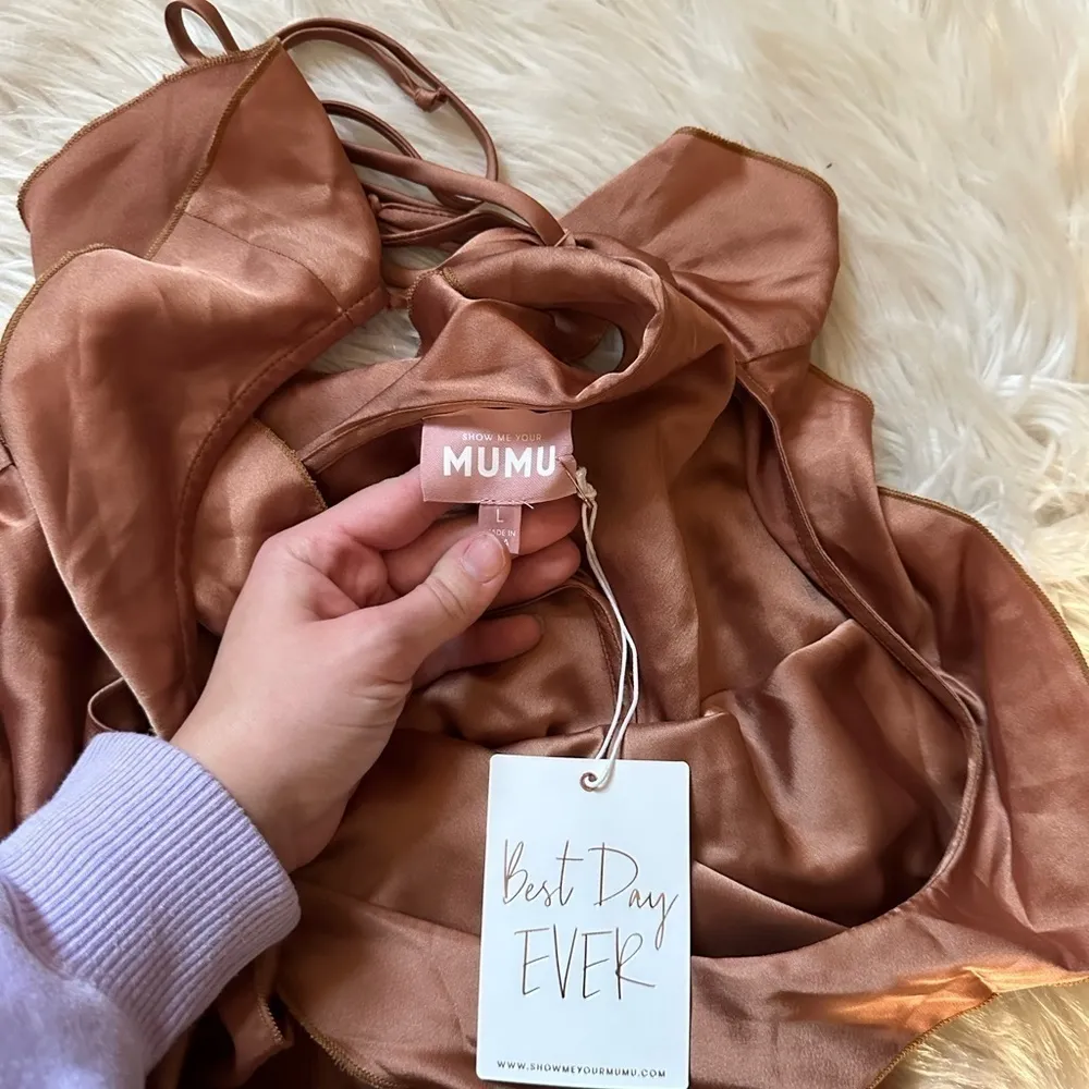 SHOW ME YOUR MUMU Samantha Ruffle Wrap Dress In Copper Luxe Satin - Image 9