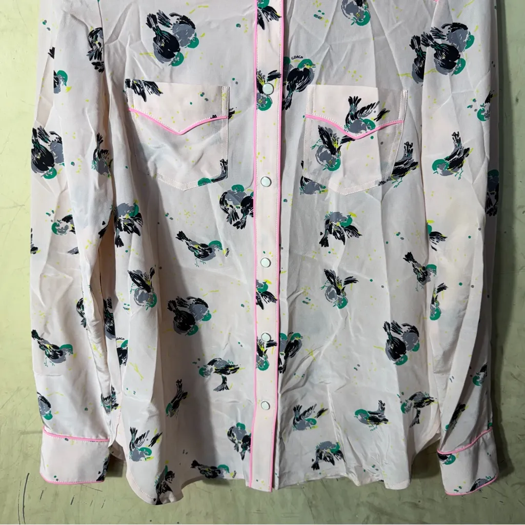 Coach  Silk Button Down Bird Long Sleeve Shirt Size 4 - Image 9