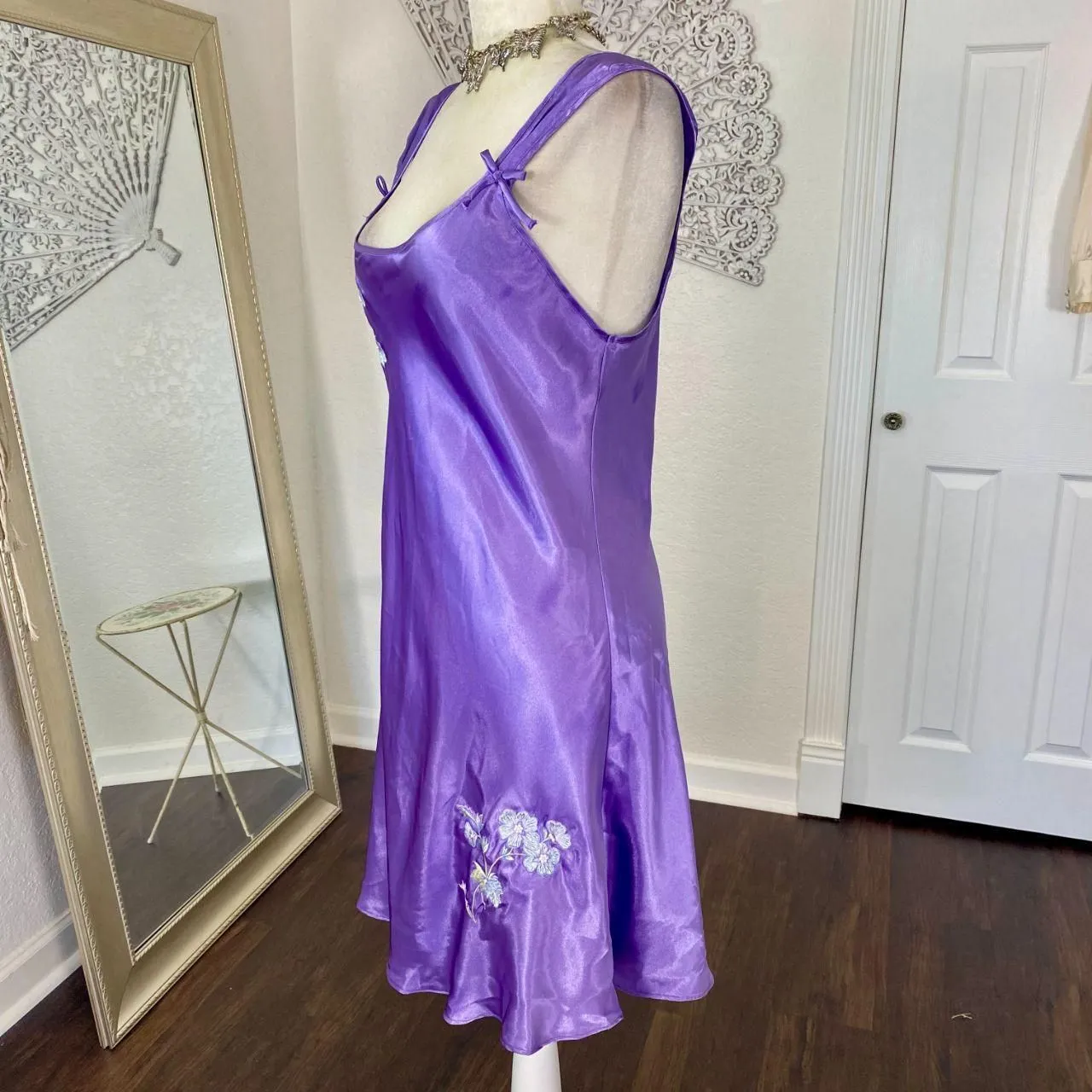 Cinema Etoile Early 2000's Fairy Embroidered Purple Satin Mini Slip Bow Dress M Size M - Image 5