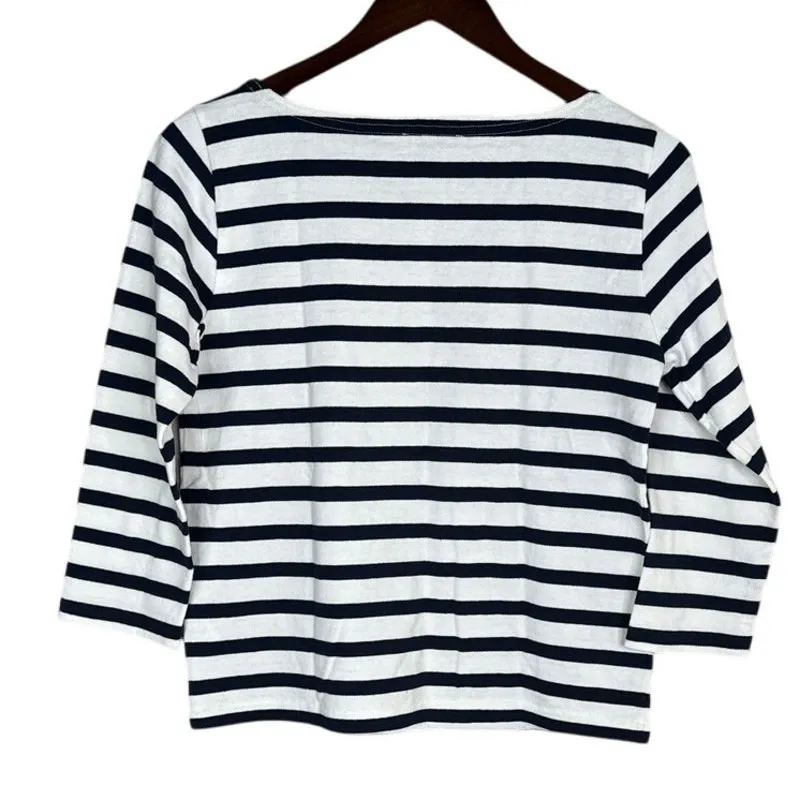 J. Crew Cotton Knit Striped 3/4 Sleeve Boat Neck Sweater XS Navy Blue White - Image 13