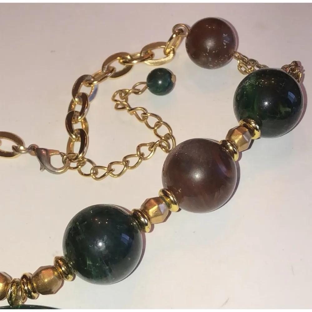 Hunter Green Brown & Gold Tone Beaded Boho Necklace - Image 5