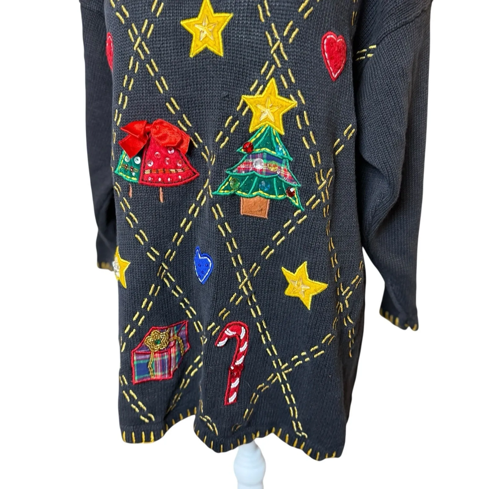 Vtg Womens Christmas Sweater Large Victoria Harbour Holiday Appliqué Embroidered Black - Image 3