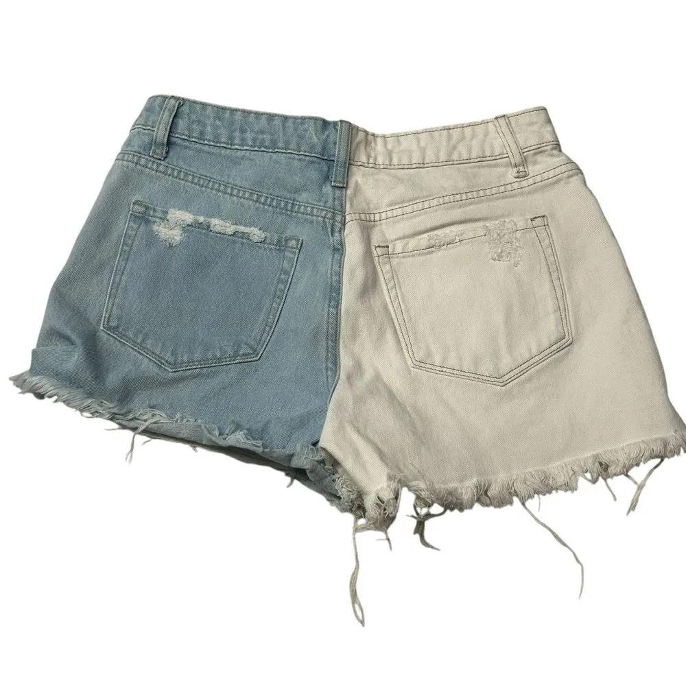Vervet Womens M High Rise Two Tone Distressed Jeans Shorts Frayed Denim Festival Blue Size M - Image 7
