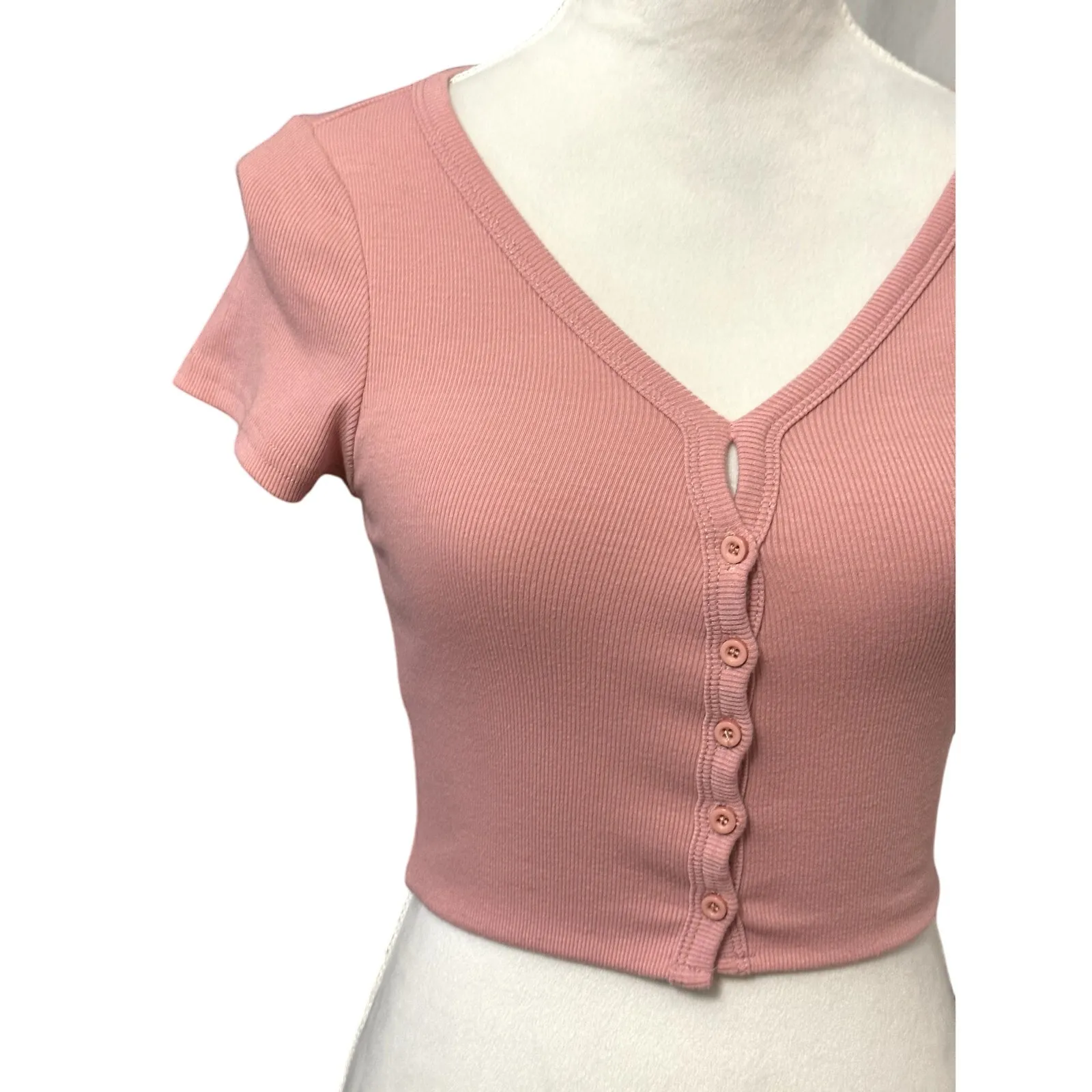 Better Be Crop Sweater Top Ribbed Knit Button-Down Short Sleeve Taupe Pink W S - Image 2