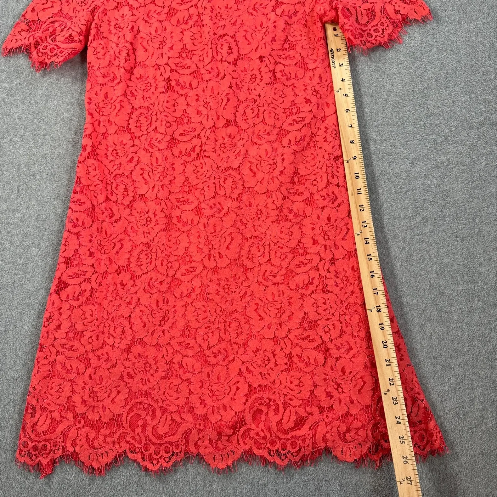 Jessica H Coral Pink Lace Shift Dress Women's 8 Short Sleeve Scallop Fringe Hem - Image 5