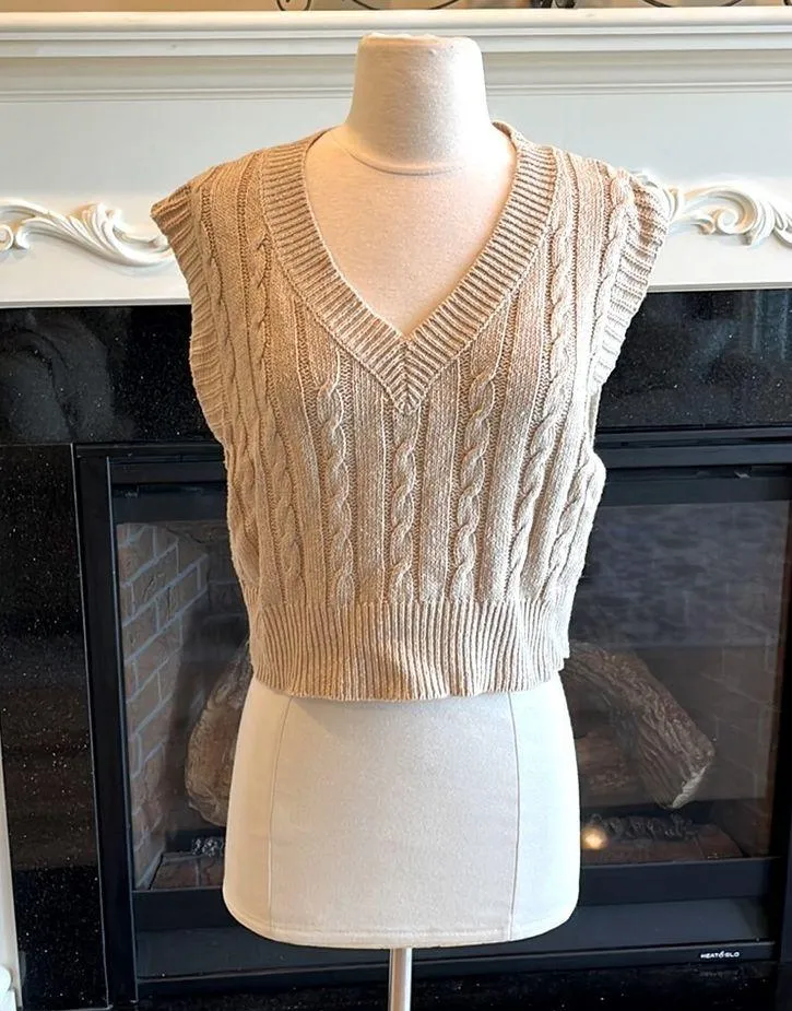 Crop Cable Knit Sweater Light Tan V Neck Womens Small - Image 2