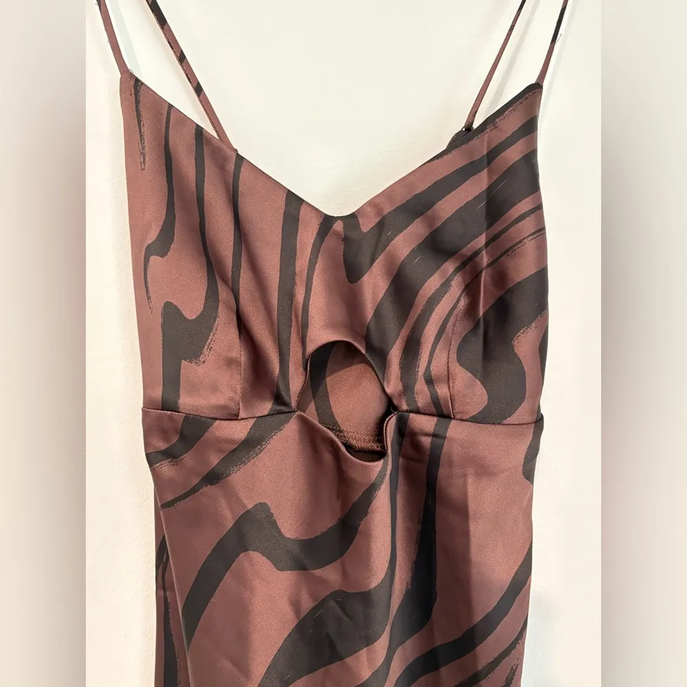 House of Harlow 1960 Satin Maxi Slip Dress Brown Cut Out Spaghetti Straps Small - Image 3