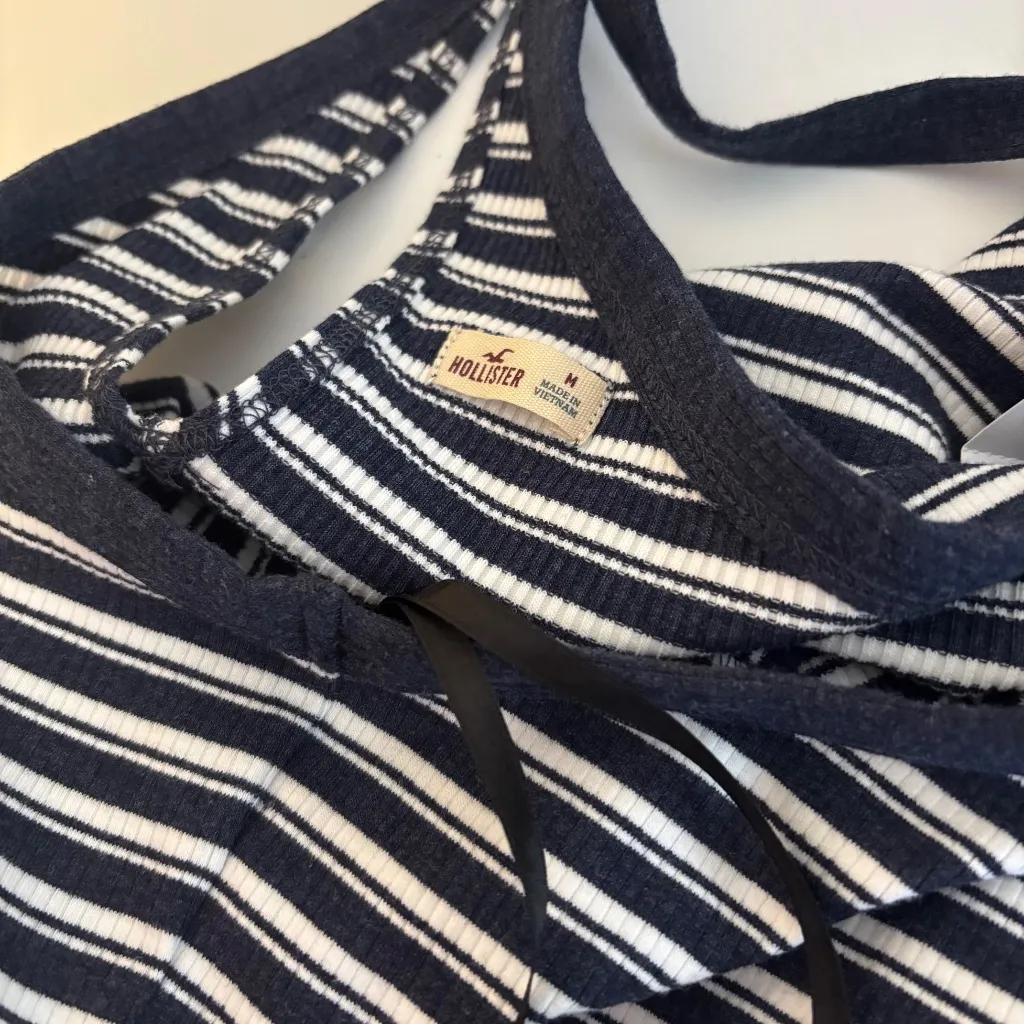 Hollister Y2K Halter Cross Back Ribbed Short Mini Dress Blue White Stripes M NWT - Image 4