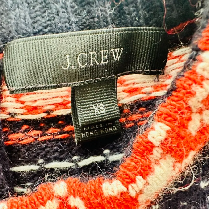 J. Crew Fair Isle Cat & Bird Crewneck Sweater Size XS Navy Orange Wool Fall - Image 2