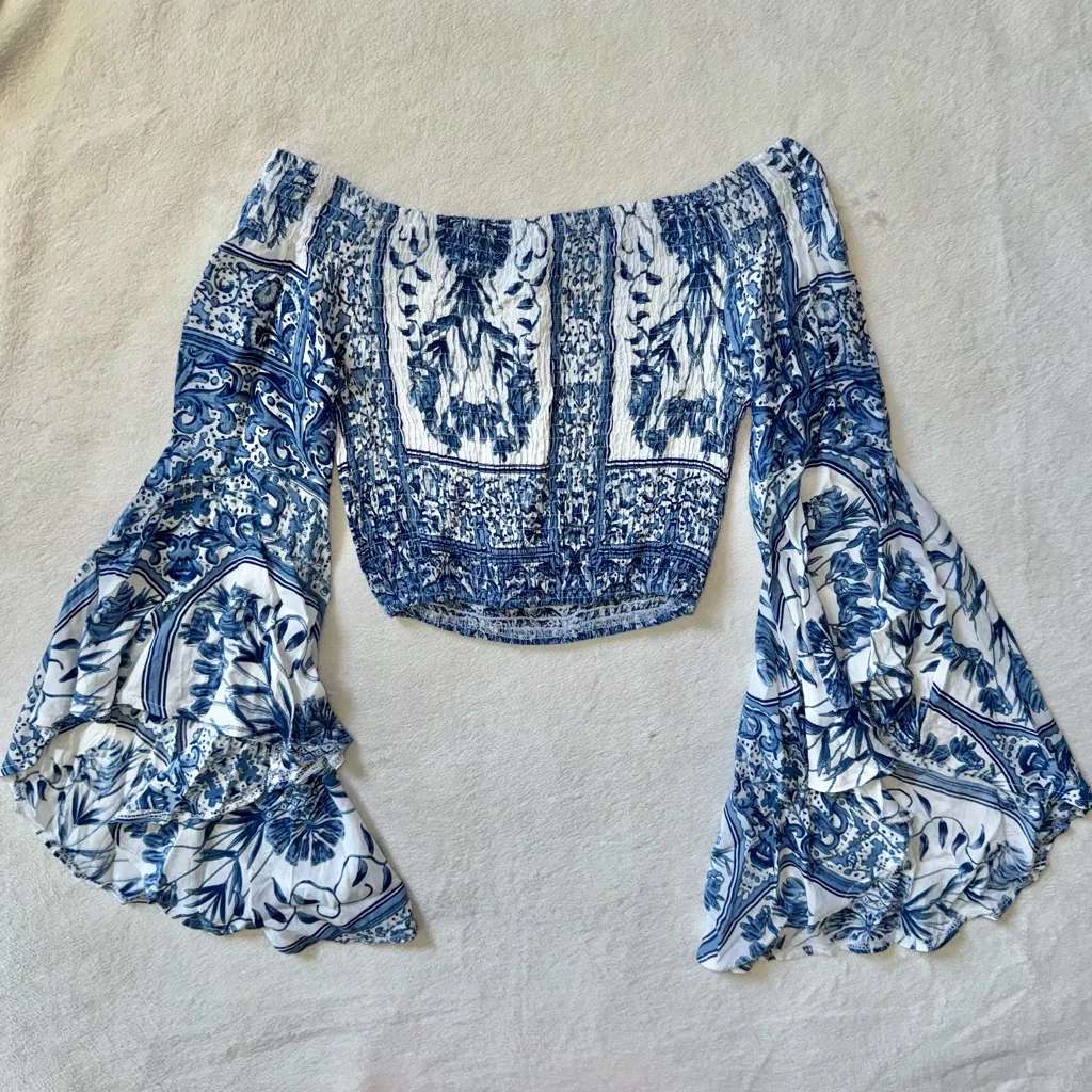 LF Blue Patterned Off-Shoulder Crop Top - Image 3