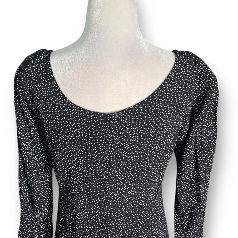 Vintage 80s Black White Polka Dot Long Sleeve Maxi Dress Lace Detail Collar Black - Image 6