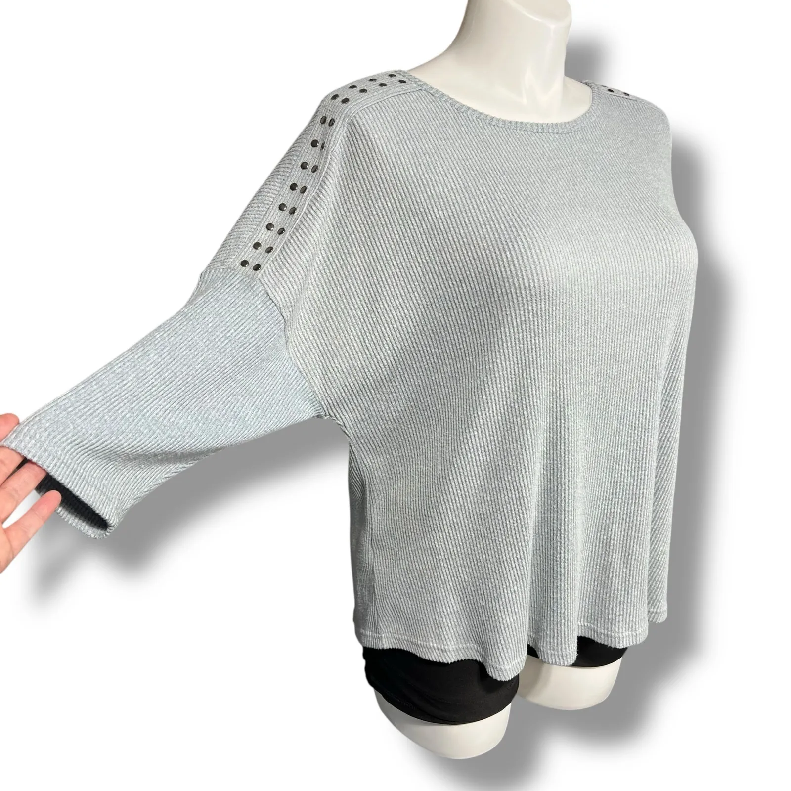 New York Laundry Womens Rib Knit Sweater Pullover Studded Soft Solid Blue 3X - Image 7