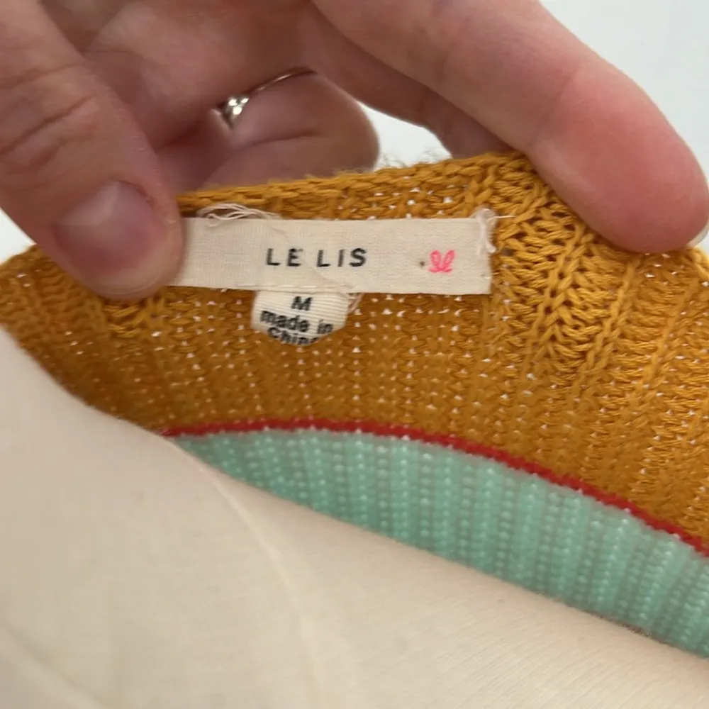 Le Lis Striped Crop Sweater in Mustard and Teal | Medium - Image 5