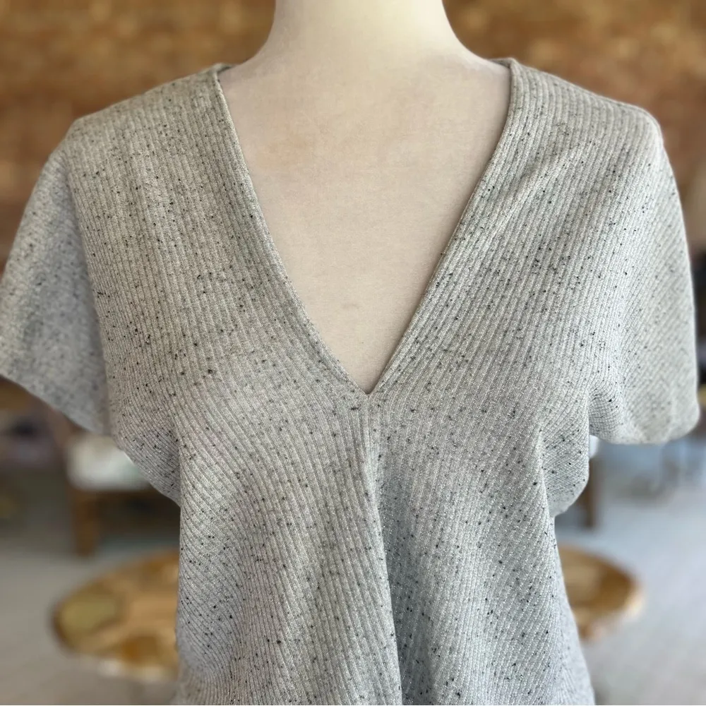 INC Top Twist Knot Metallic Knit Silver Gray Dolman Short Sleeve M Chic Sparkle Size M - Image 2