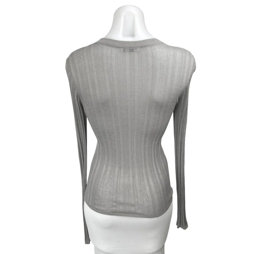 Zara Women's Gray Ribbed Long Sleeve Mesh Sheer Slim Fit Pullover T-Shirt Top M - Image 2