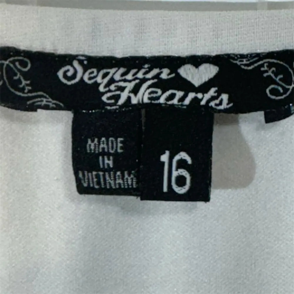 Sequin Hearts White Chiffon Ruffle Mini Dress Black Waist Bow 16 Formal Goth Y2K - Image 6