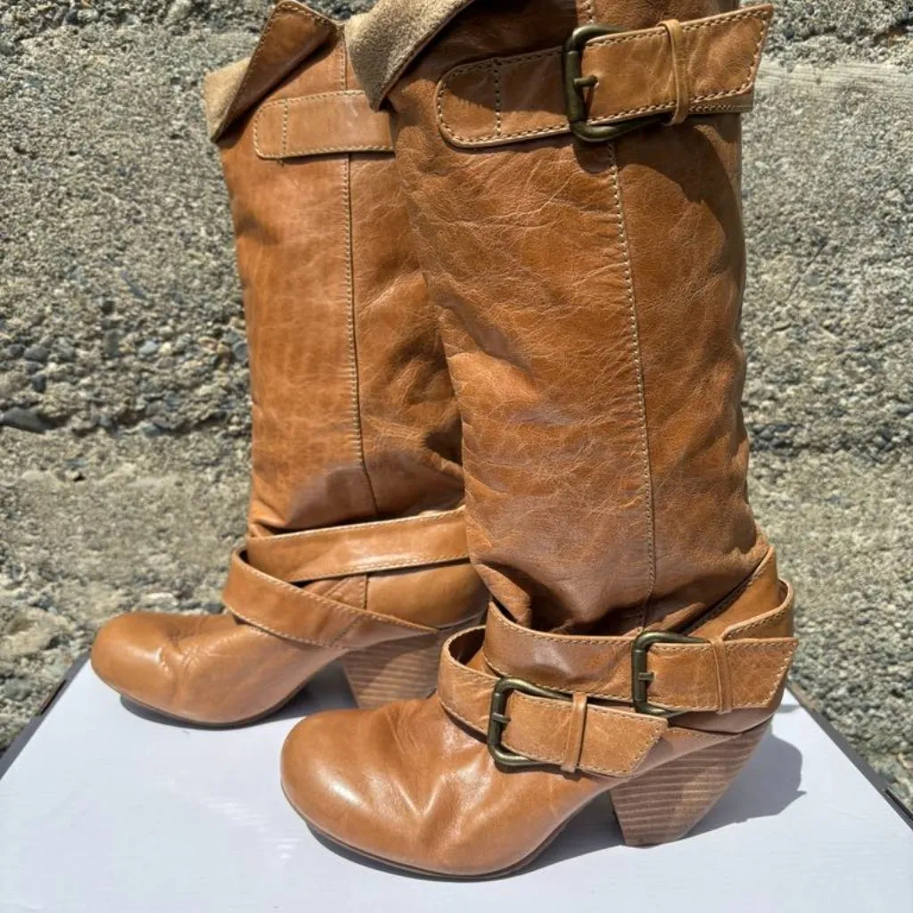 Jessica Simpson Y2K  Tall Tan Boots Buckles Size 5 - Image 5
