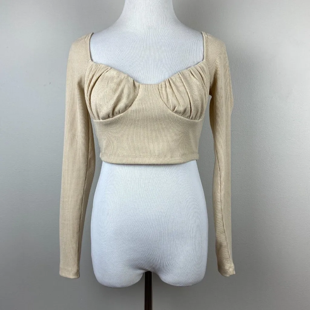 Princess Polly Crop Top 6‎ Beige Ribbed Knit Sweetheart Ruched Long Sleeve - Image 10