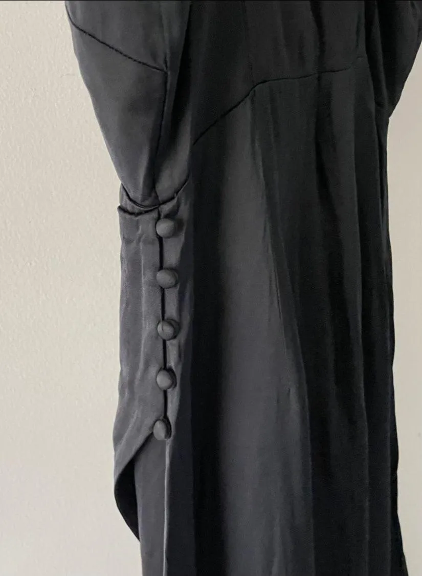 Black Satin Cami V-Neck Side Button Faux Wrap Knee Length Dress - Image 8