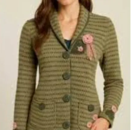Y2K Sigrid Olsen Wool Blend Cardigan Button Front Floral Applique Green Pink M - Image 1