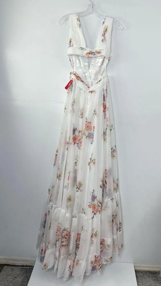 Mac Duggal 67940 Size 0 Floral Print Cutout Waist Tiered White Multicolor Dress - Image 3