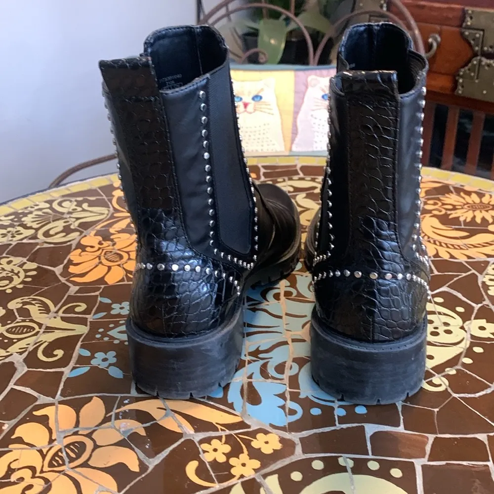ZARA TRAFULAC SILVER STUDDED COMBAT MOTO ANKLE BOOT BLACK SLIP ON SZ: 6.… - Image 4