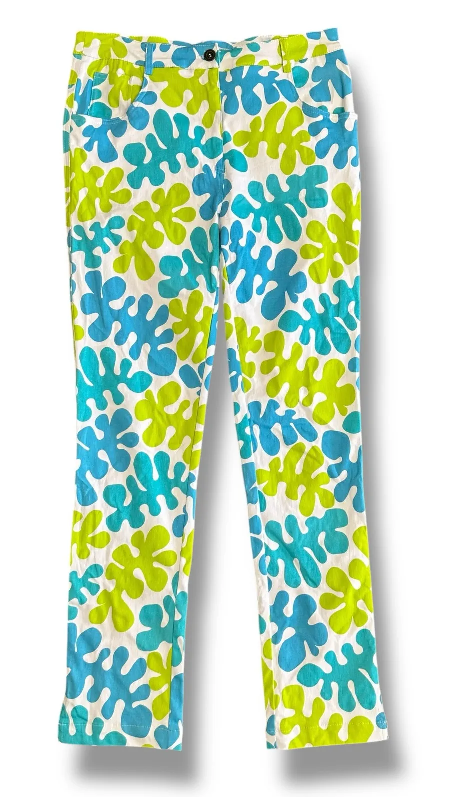 Gretchen Scott Pants Medium M Leaf Print Resort Wear Cotton Summer Vacation White - Image 1