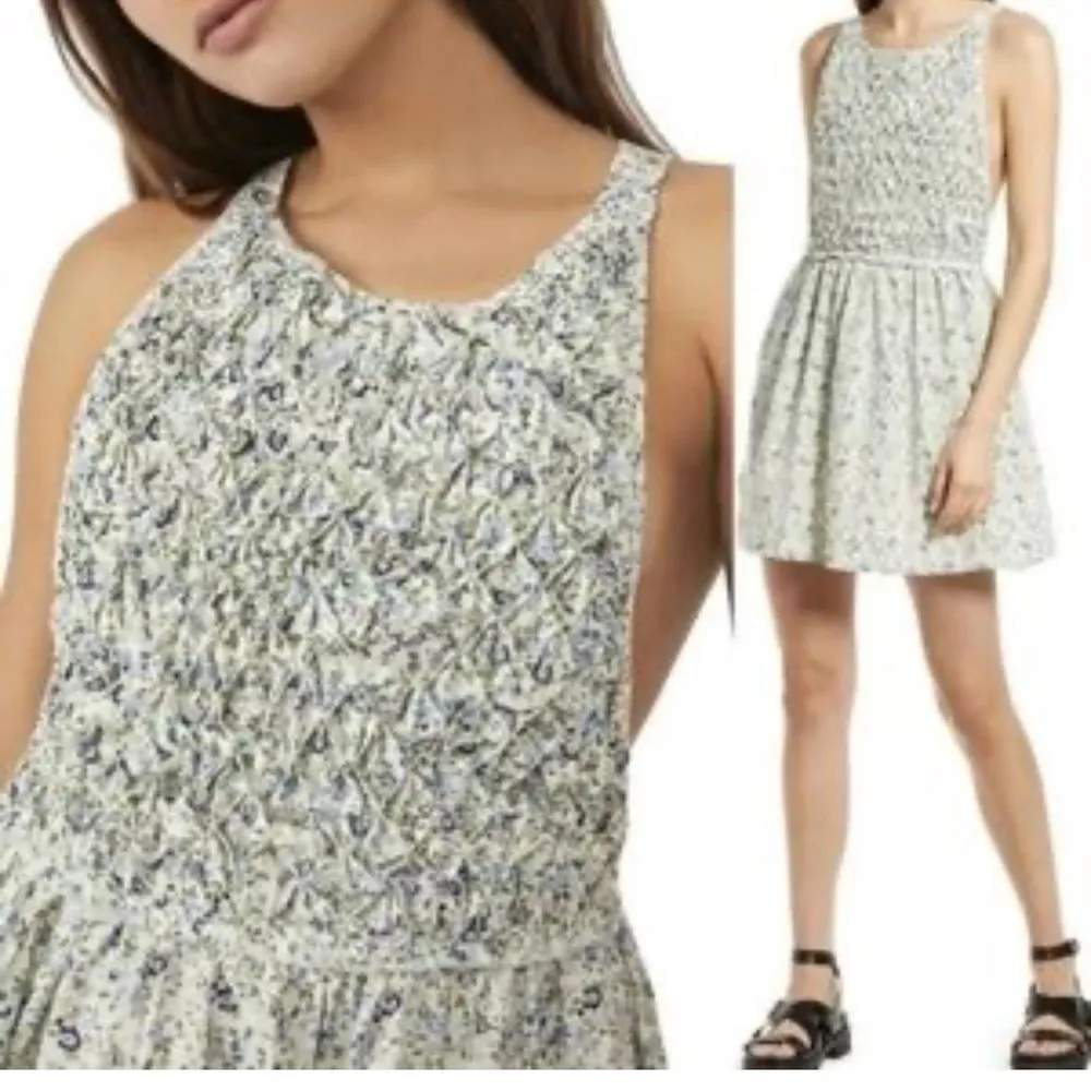 Free People Petunia Blue Floral Color Smocked Sleeveless Apron Dress Sz L Boho - Image 2