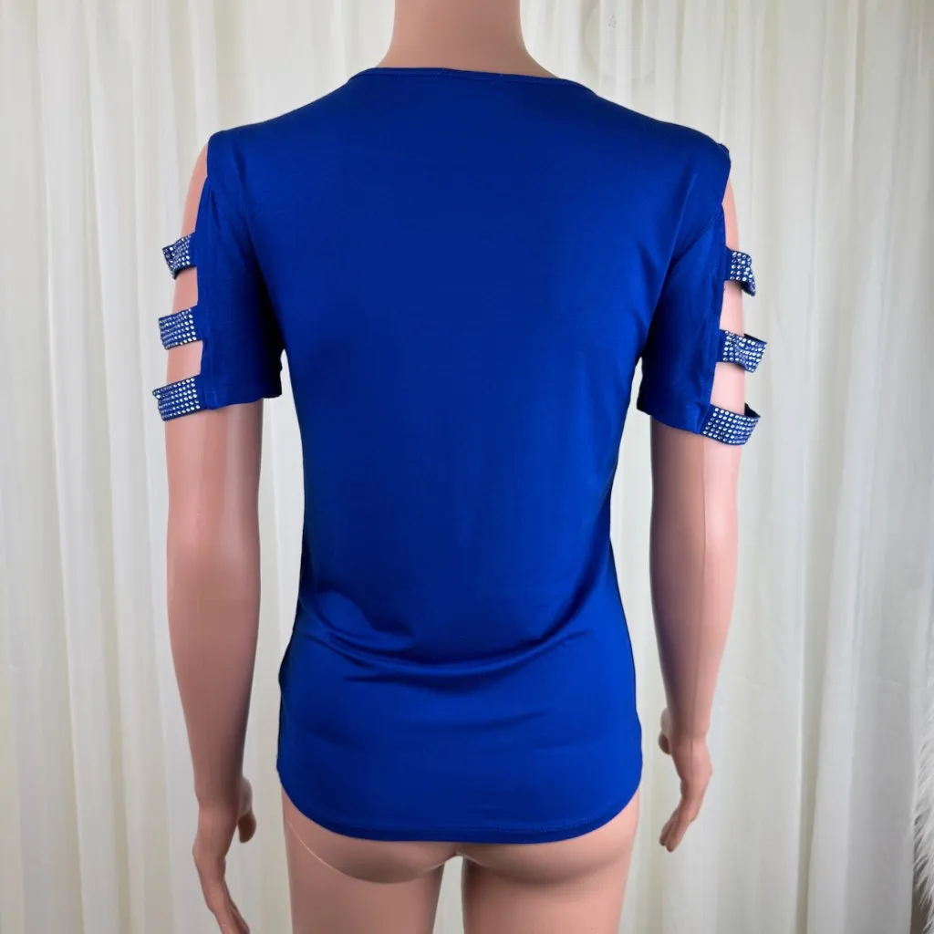 NWOT  bebe Surf The Web Logo Cut Out  Rhinestone Accent Top T-Shirt  Sz MD Blue - Image 5