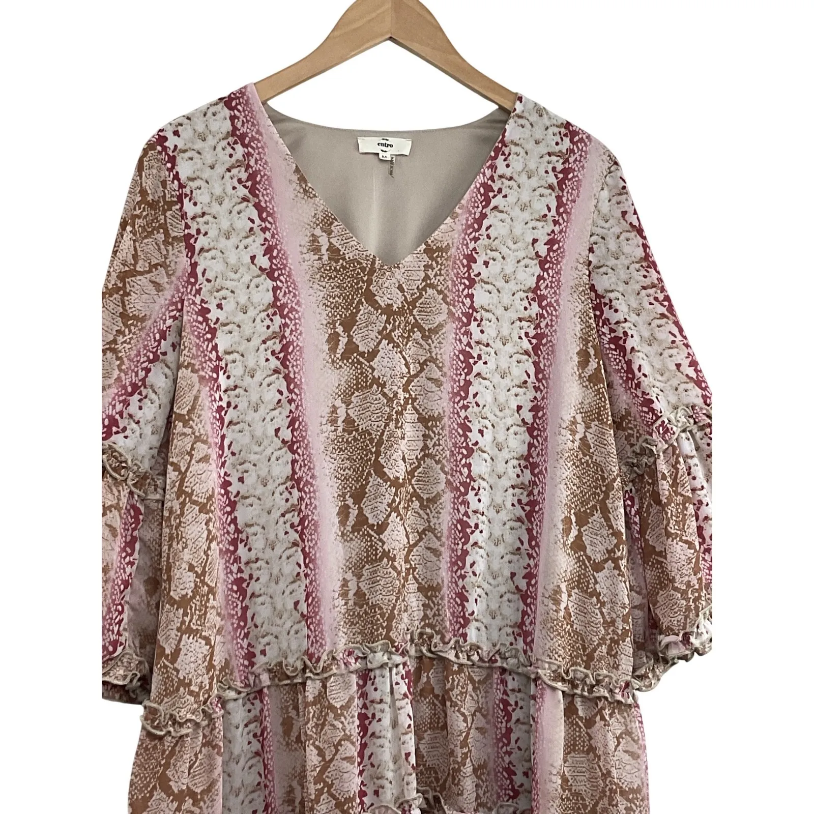 Entro Snake Print Ruffle Tiered V Neck Bell Sleeve Mini Dress Size M - Image 5
