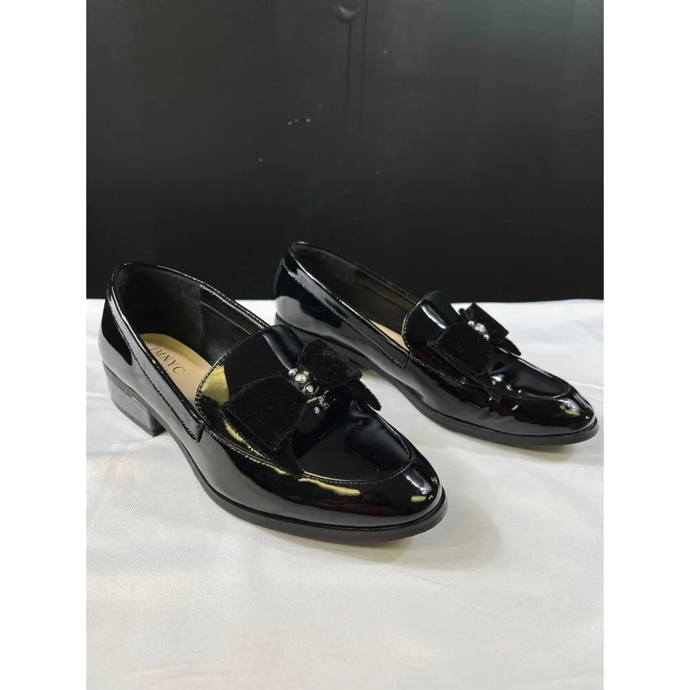 Isaac Mizrahi Womens Black Patent Leather Loafers With Velvet Bow Size 7 SKU 730 - Image 4