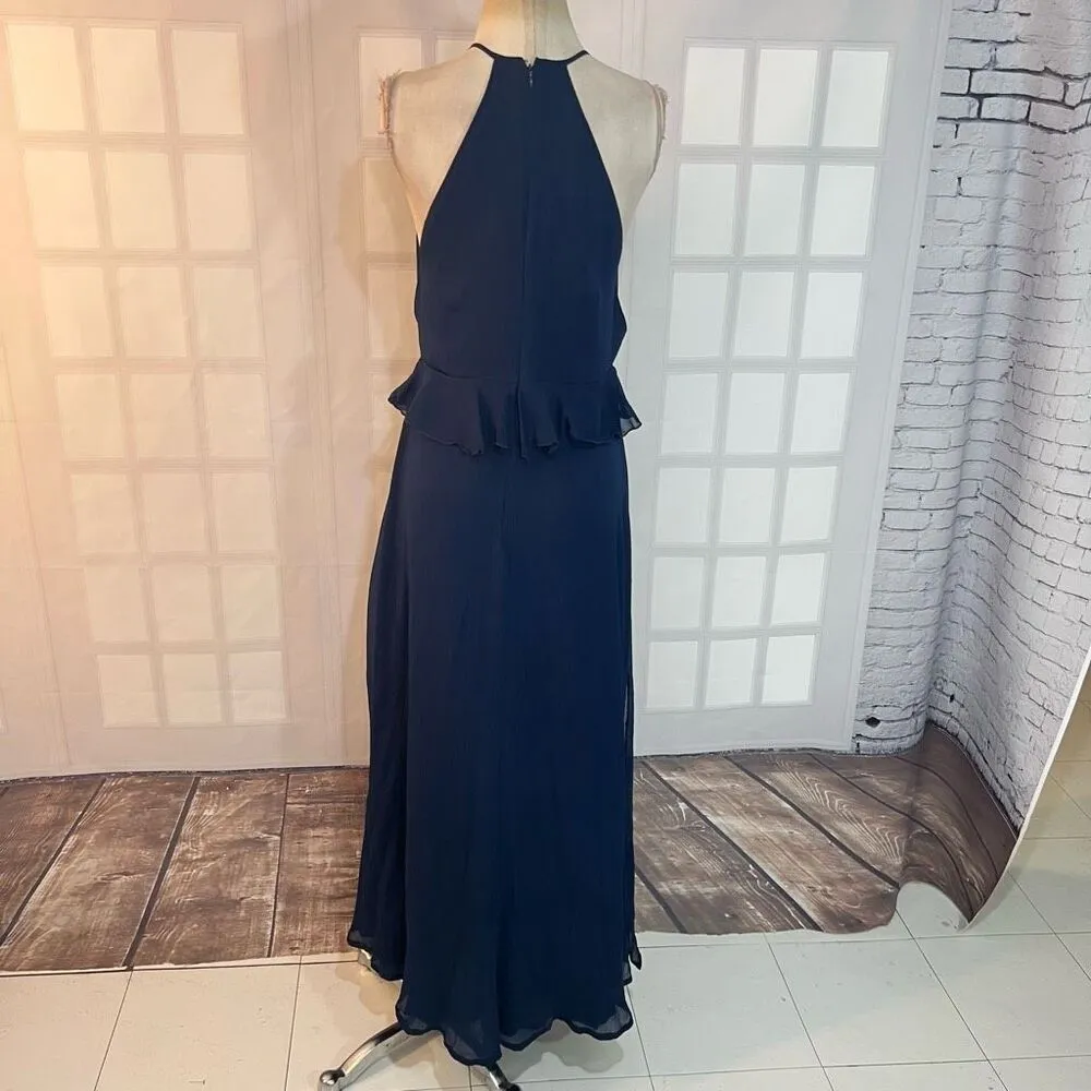 ASOS Navy Chiffon Ruffle Waist Halter Sleeveless Lined Maxi Dress Size 10 - Image 8