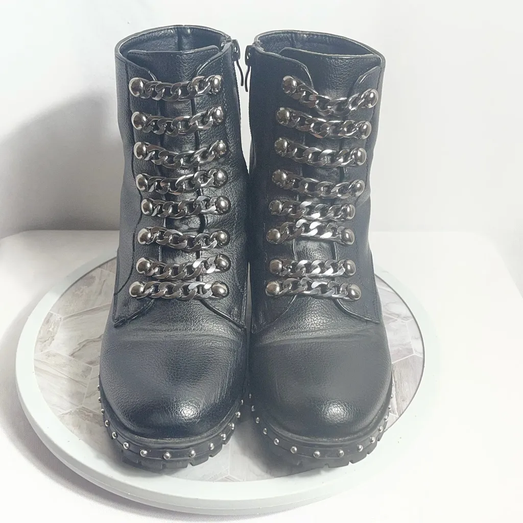 Black Chain Combat Ankle Boots Womens US 9.5–10.5 EU 40 Studded Lug Sole - Image 2