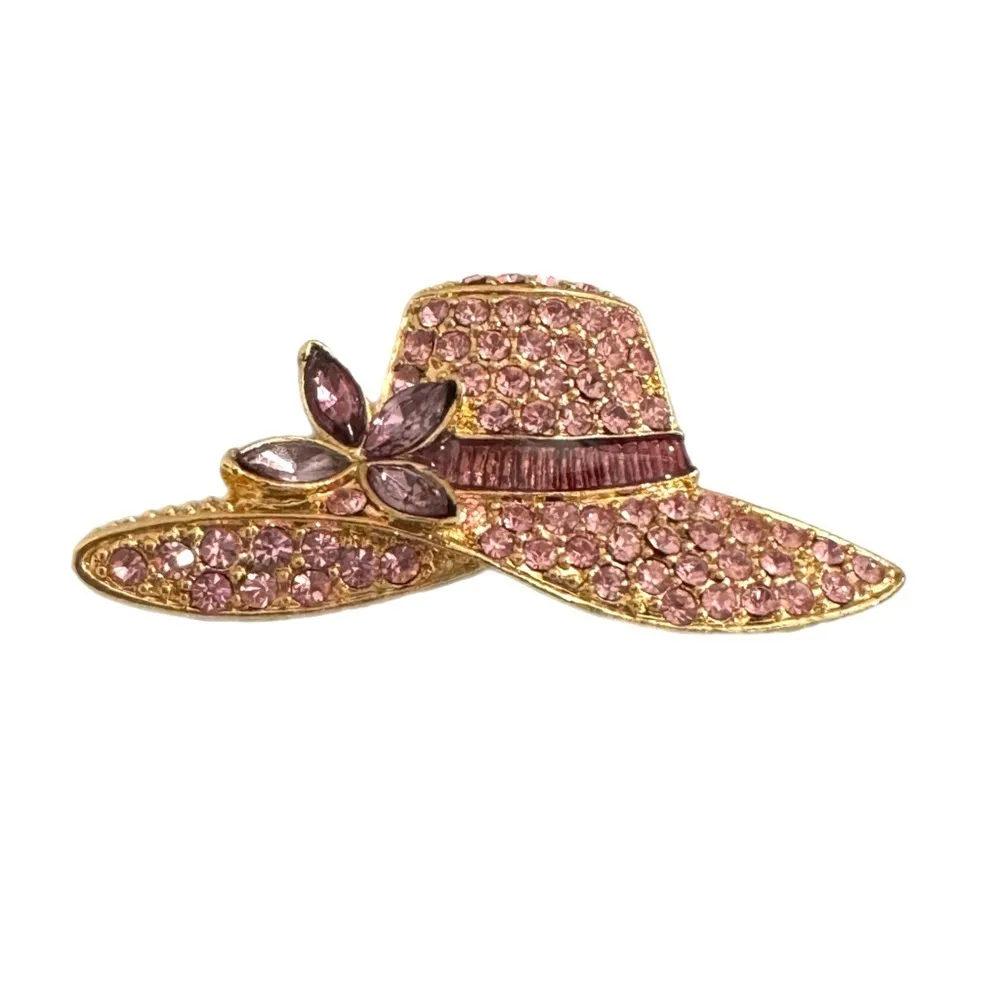 Vintage MONET Signed Pink Rhinestone Gold Plated Hat Brooch Pin New In Box - Image 2