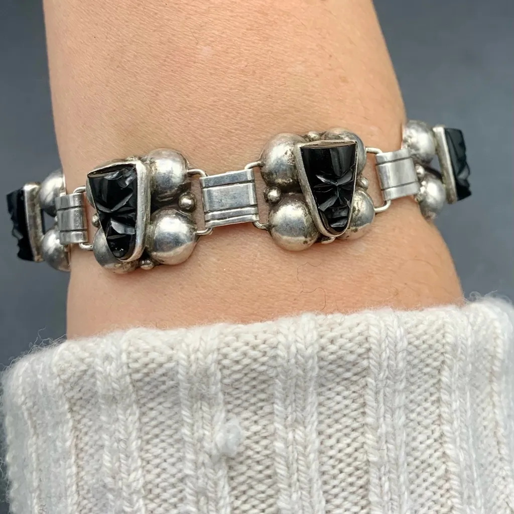 VTG Taxco Mexico Carved Onyx Aztec Face Bracelet Sterling Silver 7” Black - Image 3