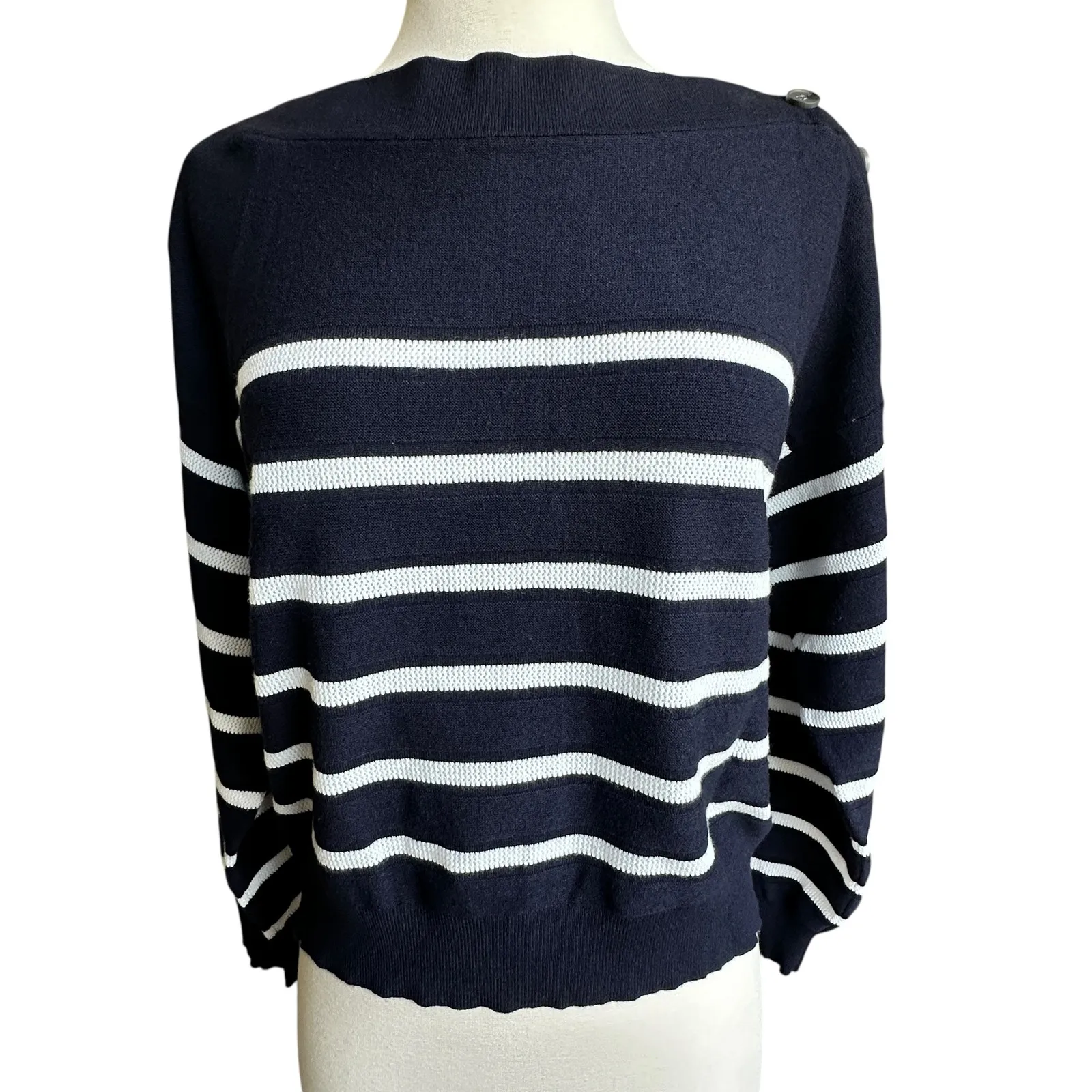 Free Assembly Womans Sweater Navy/White Stripe M Button Shoulder Boat Neck Blue Size M - Image 13