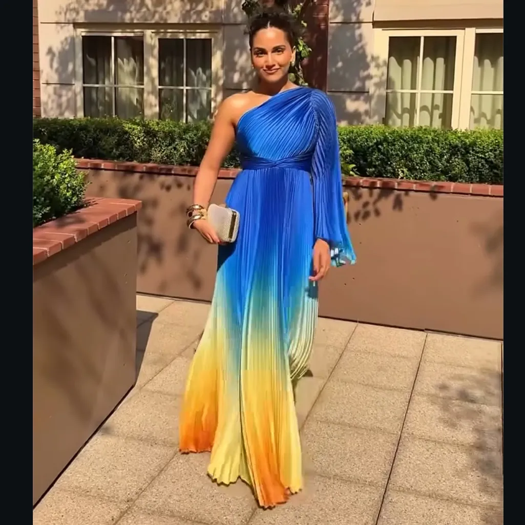 MAC DUGGAL 49903 Blue Ombre Pleated Charmeuse One-Shoulder Gown Dress 4 Flaws - Image 4