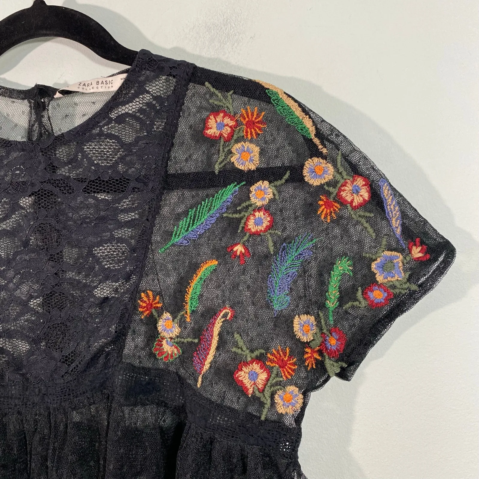 Zara Women Black Sheer Lace Floral Embroidered Cap Sleeve Blouse Size XS - Image 2