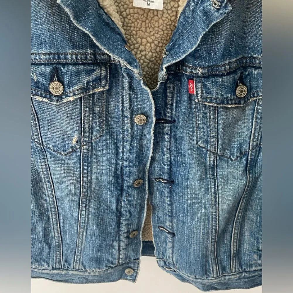 Levi’s Trucker Denim Jean Jacket Sherpa Lined Faded Distressed Grunge 90s Y2K - Image 8