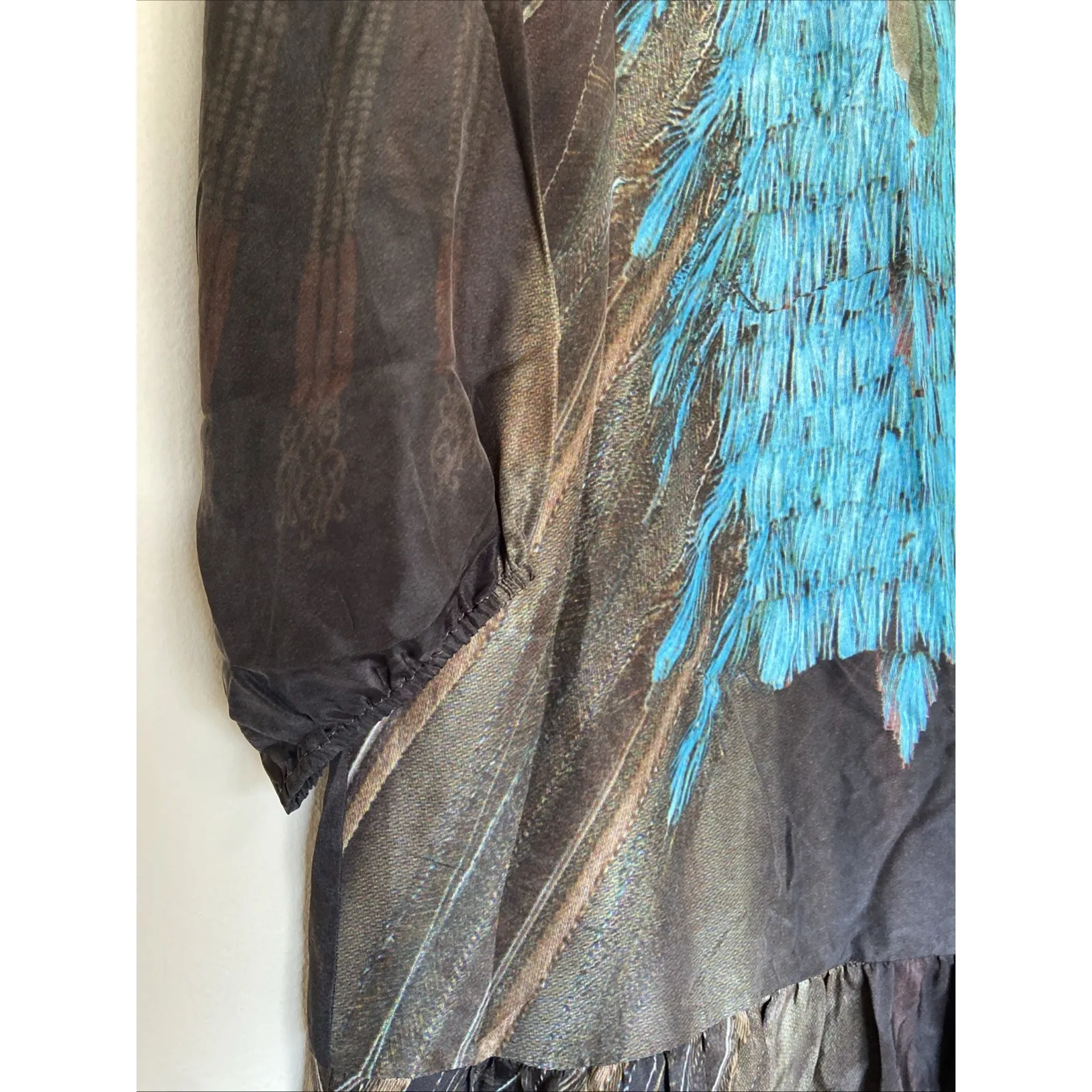 Figue‎ Edie 100% Silk Printed Satin Mini Dress Elastic Cuff Sleeve Womens Small Brown - Image 5