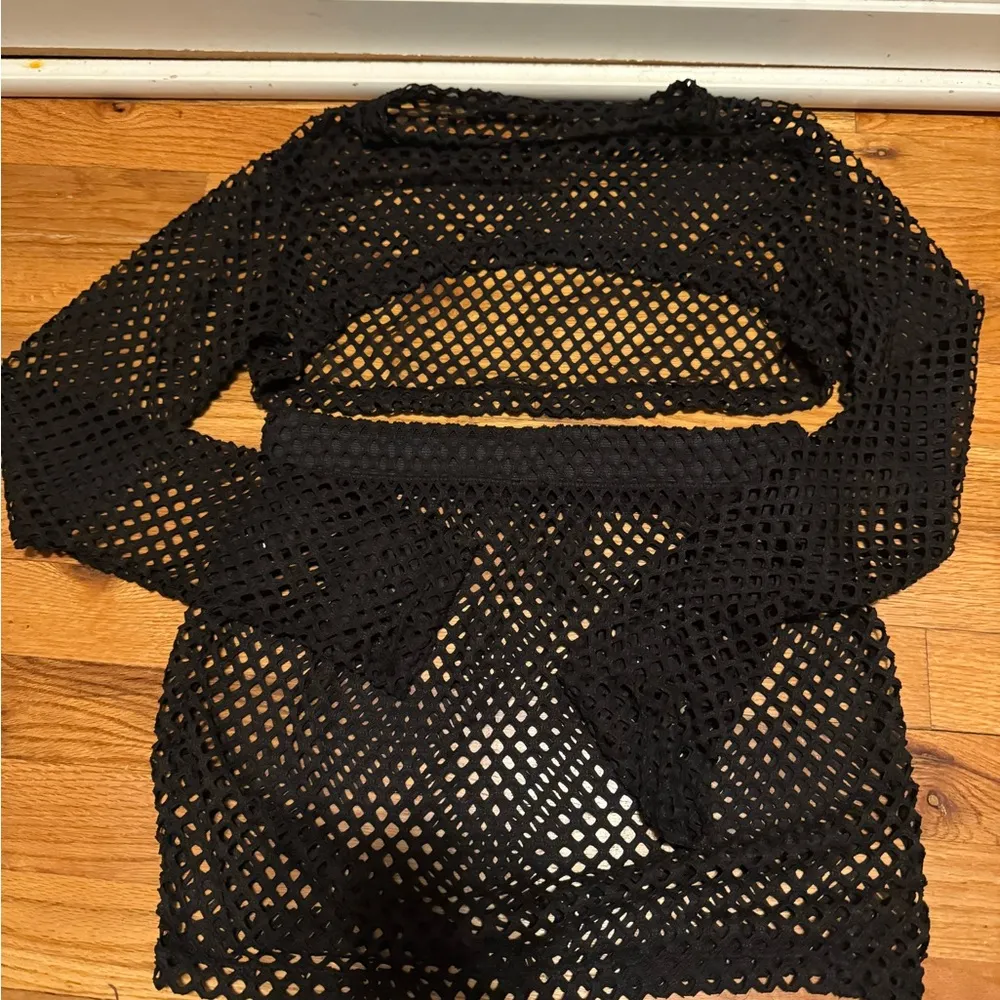 Black Mesh Swimsuit Coverup Set – 2 Piece Long Sleeve Crop Top & Skirt (XS/S) - Image 2