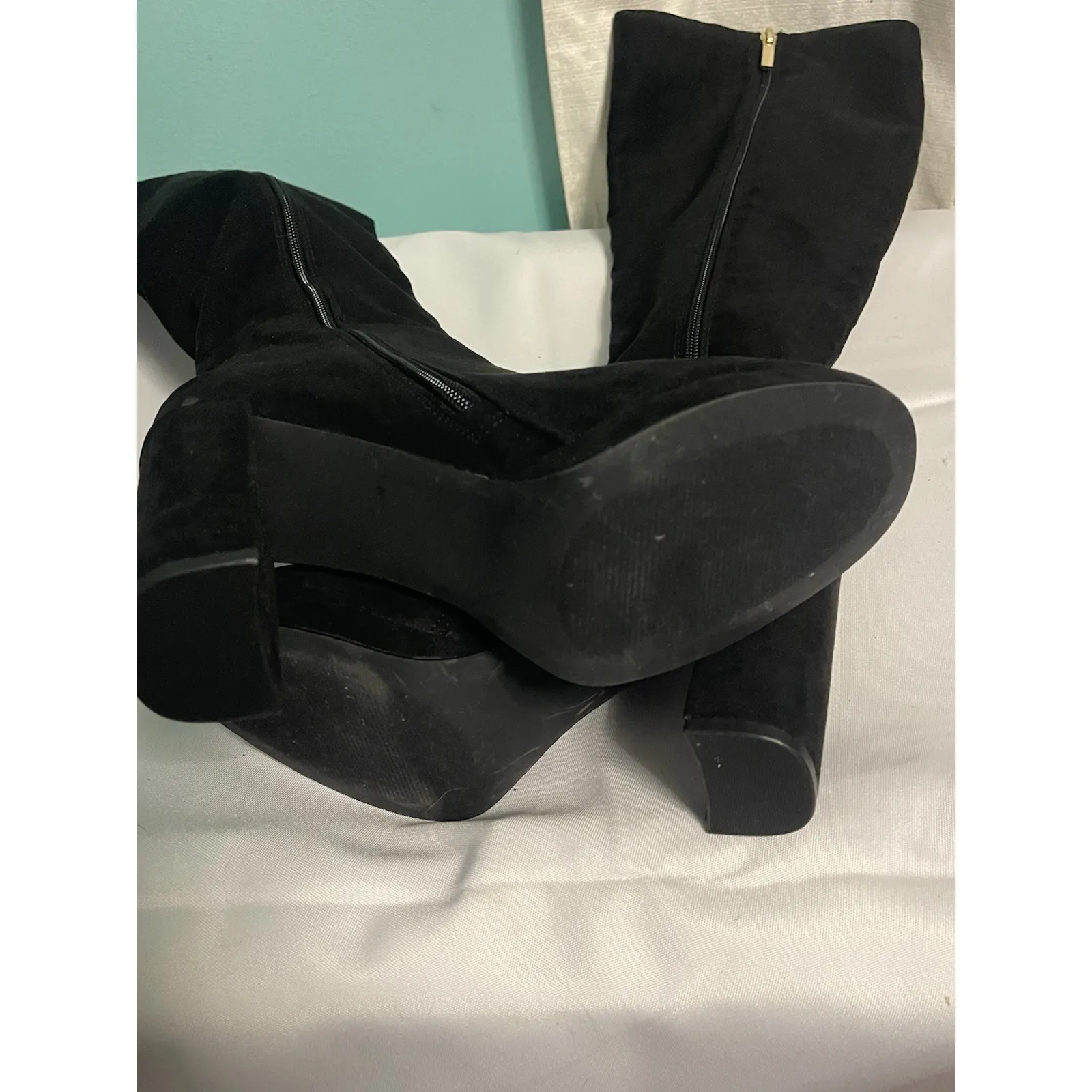 Knee High Boots Women 10M Shoes Black Suede Block Heel Bin4 Size 10 - Image 6