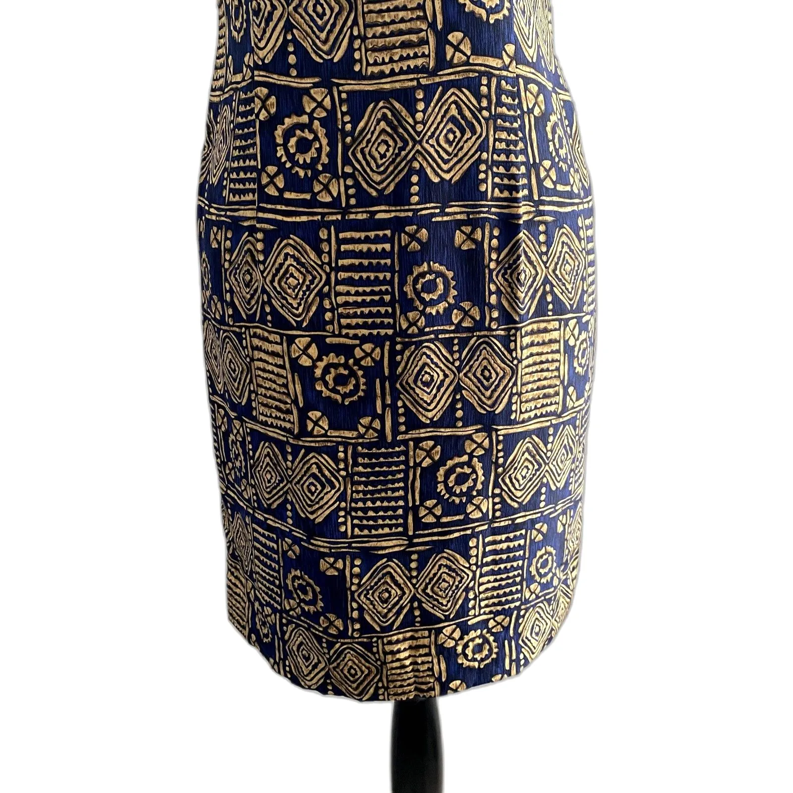 Vintage Casual Corner Sheath Dress Aztec Bahama Print Navy Silk Size 4P Blue - Image 3