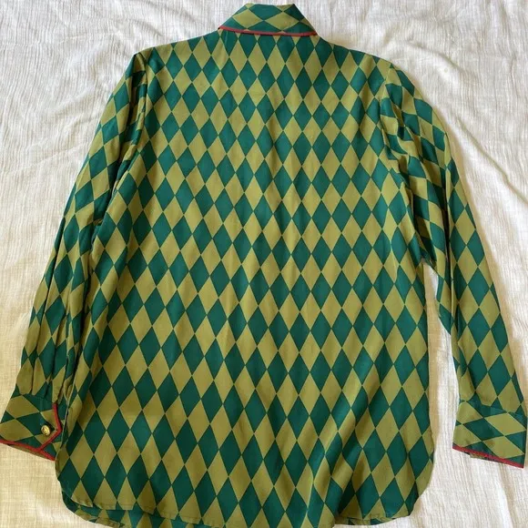 1990S BOB MACKIE Green & Blue Silk Harlequin Blouse Small‎ - Image 12