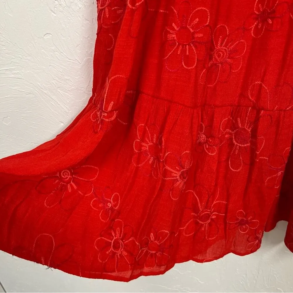 Figueroa & Flower Red Floral Embroidered Midi Dress Womens M Tiered Boho Casual Size M - Image 3